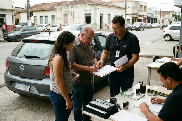 Profissionais ajudando na transferência de propriedade de um veículo em São Mateus.