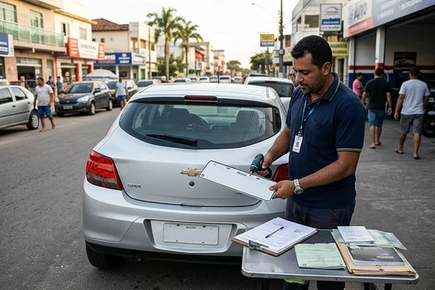 Profissionais realizando o primeiro emplacamento de um carro em São Mateus.
